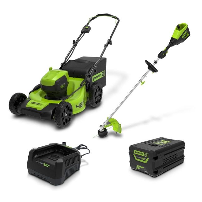 Greenworks 60V 4.0Ah Lawn Mower + String Trimmer Kit 1305907AU