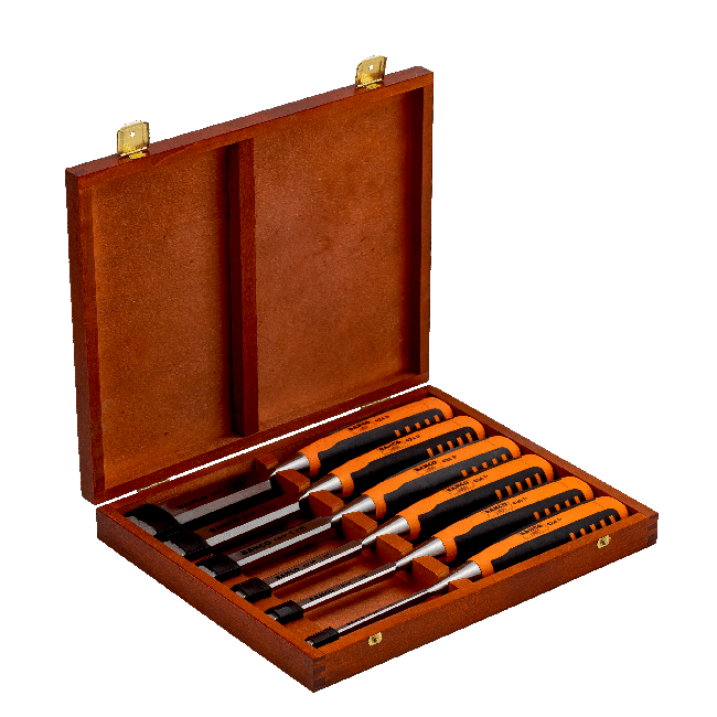 Bahco Chisel Set with Rubberised Handle 6-32 mm - 6 Pcs/Wooden Box 424P-S6-EUR