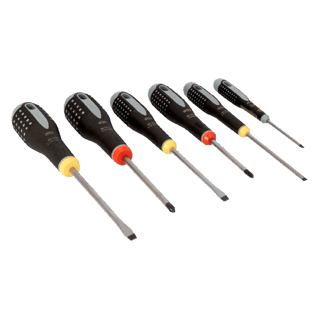 Bahco ERGO handled 6 piece Screwdriver Set.  Set contains:  4 Slotted & 2 Phillips Head BE-9881