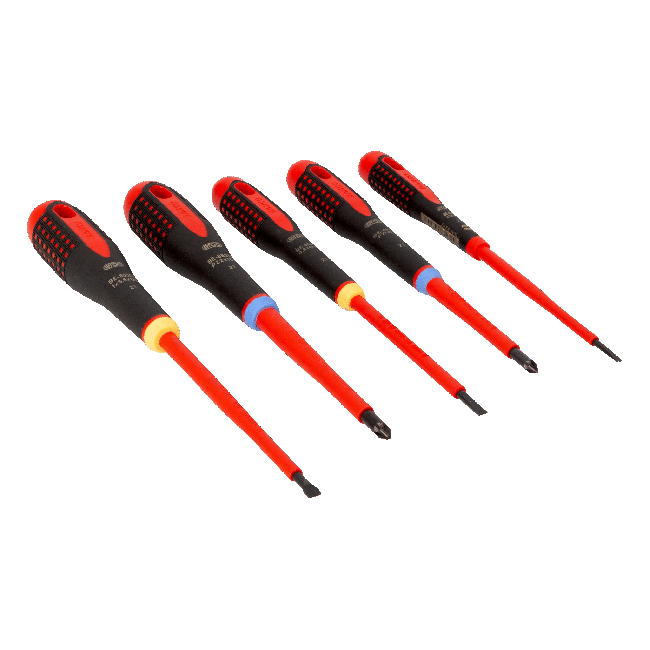Bahco ERGO handled 5 piece 1000V Screwdriver Set.  Set contains:3 x Slotted & 2 x Phillips BE-9882S