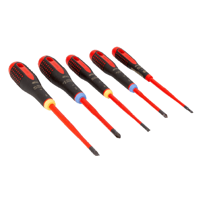 Bahco 5 pce Slim Line 1000v insulated screwdriver set. 3 x slotted 2 x Pozidrive BE-9882SL