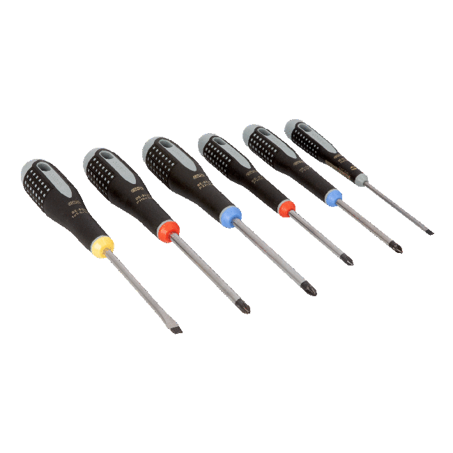 Bahco ERGO handled 6 piece Screwdriver Set.  Set contains:  2 Slotted, 2 Phillips Head & 2 POZI Drive BE-9886