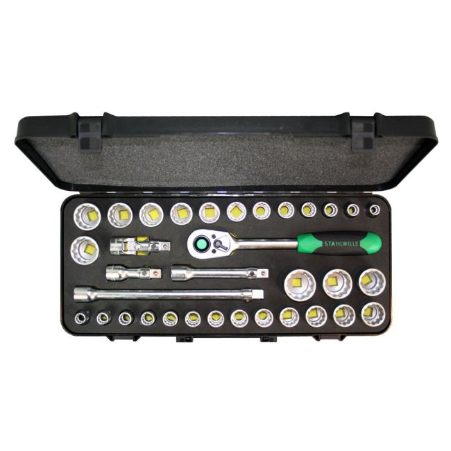 Stahlwille 91339212 Socket & Accessory Set – 34pc 1/2" Dr, 12PT, 10–32mm + 3/8" Adapter – Pro Mechanic Tool Kit