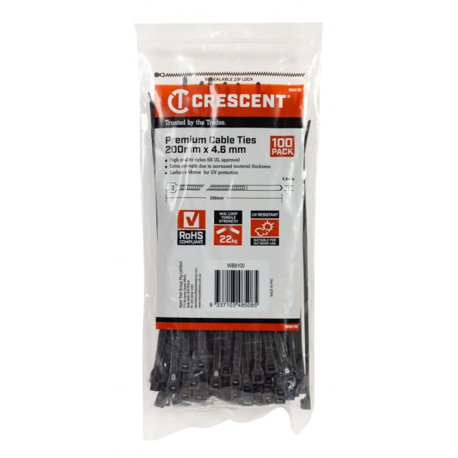 Crescent Cable Ties Black 100 Piece 200mm x 4.6mm WB8100