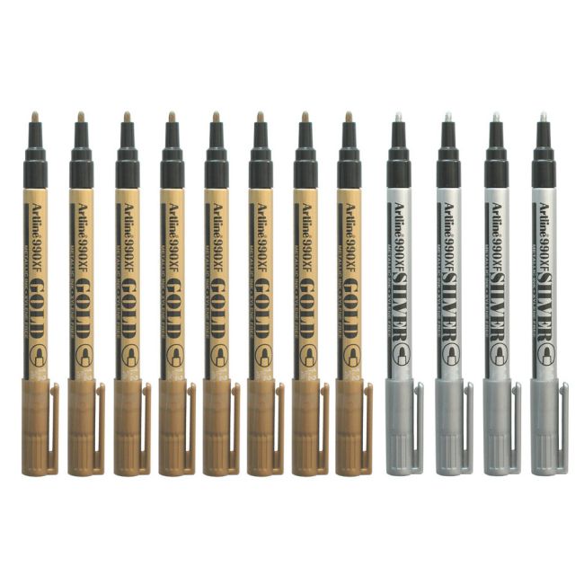Artline EK-990 Permanent Marker 12 Piece 1.2mm Bullet NIB 8x Gold 4x Silver EK-990