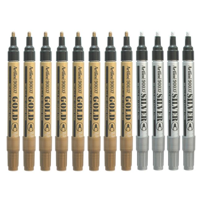 Artline 900 190050 Permanent Marker 12 Piece 2.3mm Bullet Nib 8x Gold 4x Silver 190050