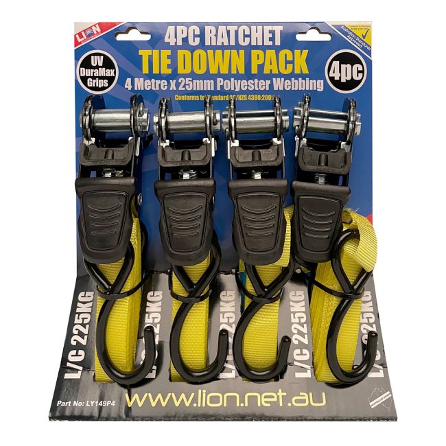 LION LY149P4 Ratchet Tiedown Straps 4 Piece 4m x 25mm 225kg LY149P4