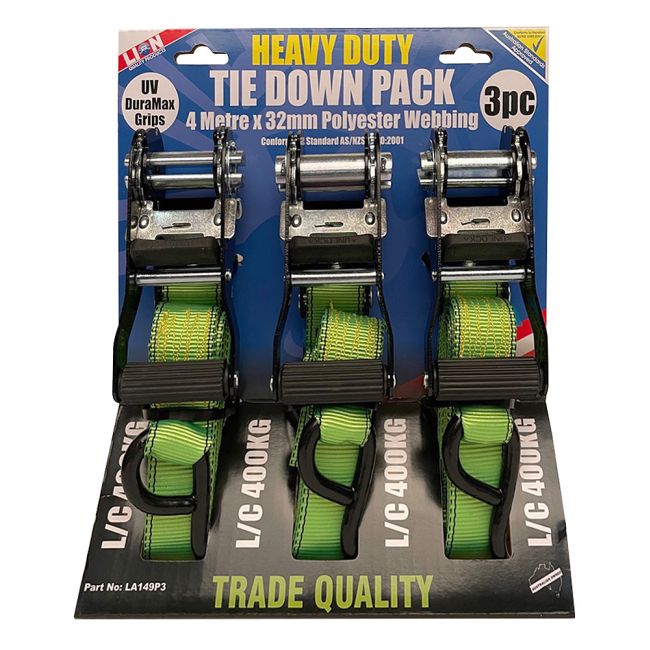 LION Ratchet Tiedown Straps 3 Piece 4m x 32mm 1000kg LA149P3