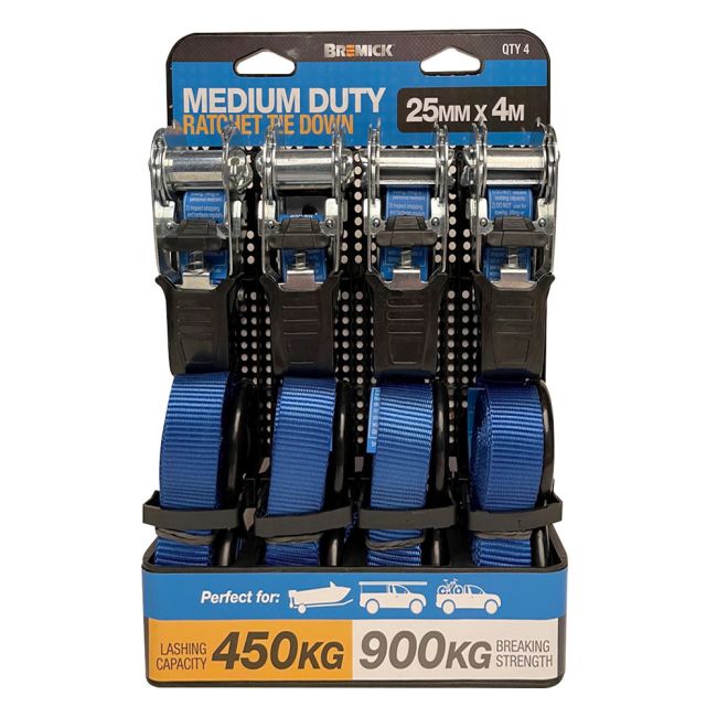 Bremick Ratchet Tiedown Straps 4 Piece 4m x 25mm 900kg TDRPB250404D