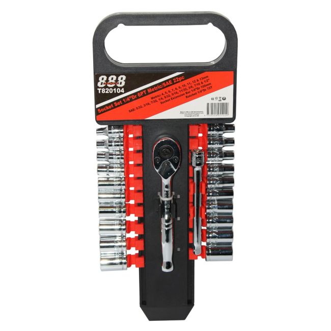 888 Tools Socket Set 22 Piece 1/4â€™â€™Drive 6PT Metric/SAE Imperial T820104