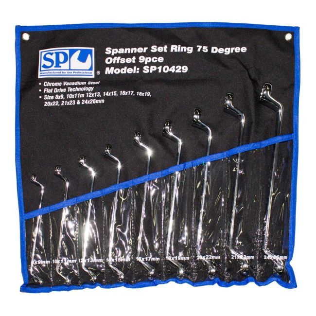 SP Tools 9PC Metric 75 Degree Offset Ring Spanner Set SP10429