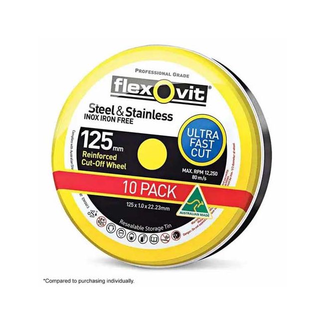 Flexovit 125x1.0mm Steel & Stainless Cut Off Disc MEGA INOX 10PK 66252844384