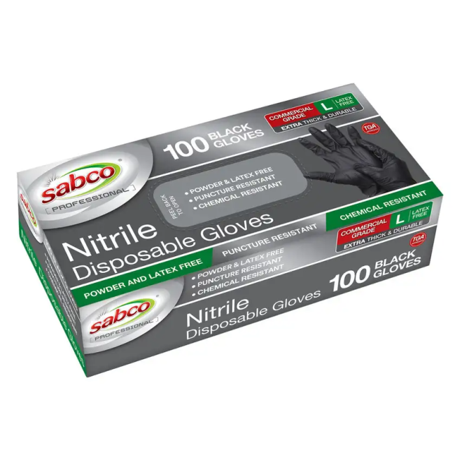 Sabco 100PK Nitrile Disposable Gloves Black Large SABC-8000
