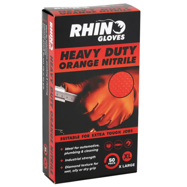 Rhino 50 Pack Heavy Duty Gloves Orange Nitrile XL RHD53XL