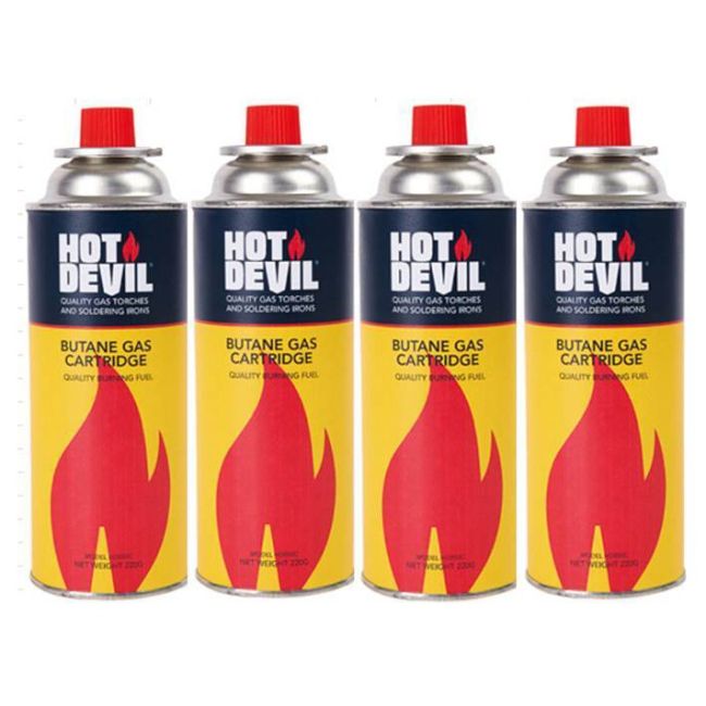 Hot Devil Butane Gas Cylinders 220g 4 Pack Bayonet Fitting HD200C