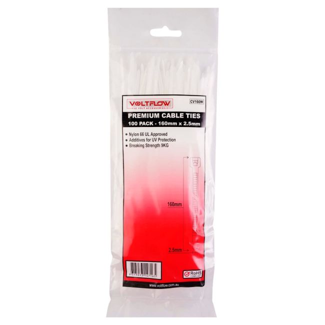VoltFlow Premium White Cable Ties 300x4.8mm 100 Pack CV300W