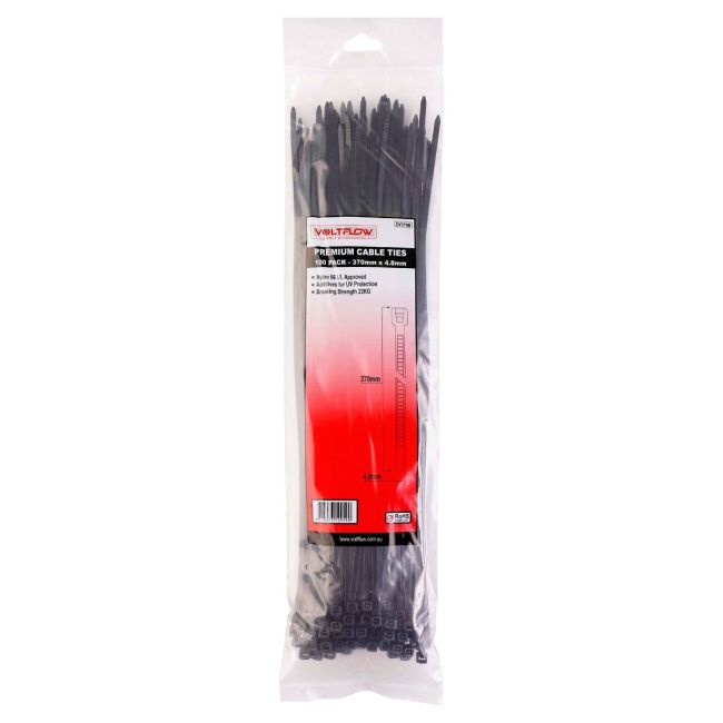 VoltFlow Premium Black Cable Ties 370x4.8mm 100 Pack CV370B