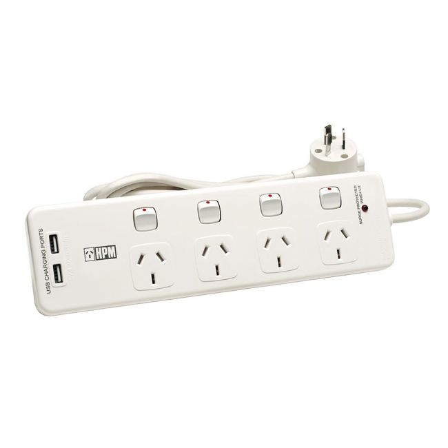 HPM D104PAUSBWE Powerboard 4 Socket Switched With 2x USB 4.8A D104PAUSBWE