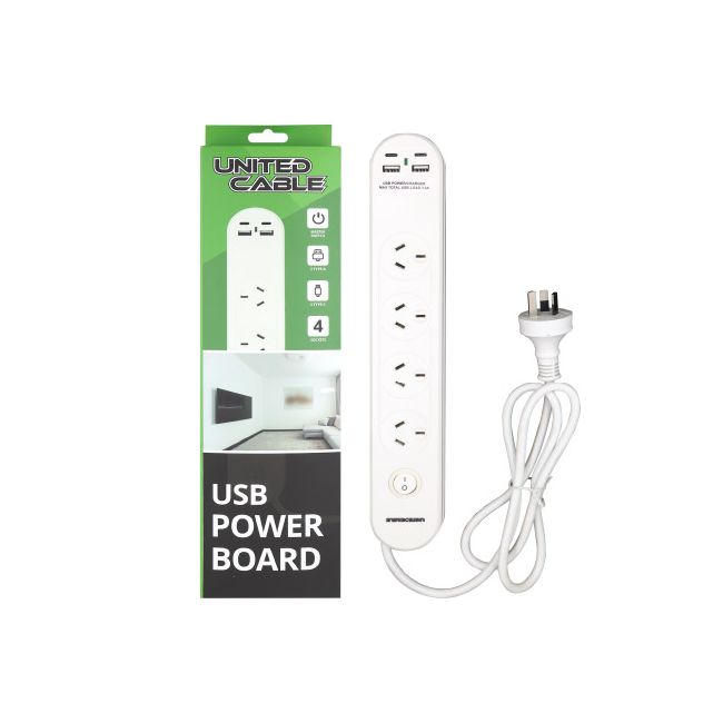United Cable 4-Outlet Power Board W/USB-A & USB-C - White HEB-UCA452C