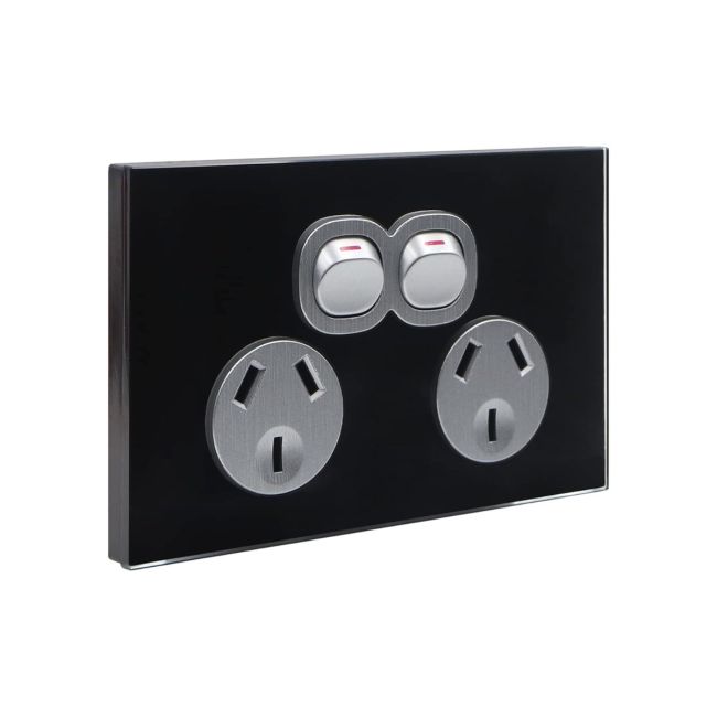 CLSOL 10A 250V Black Glass Double Power Point HES-DG05K-2D330BK