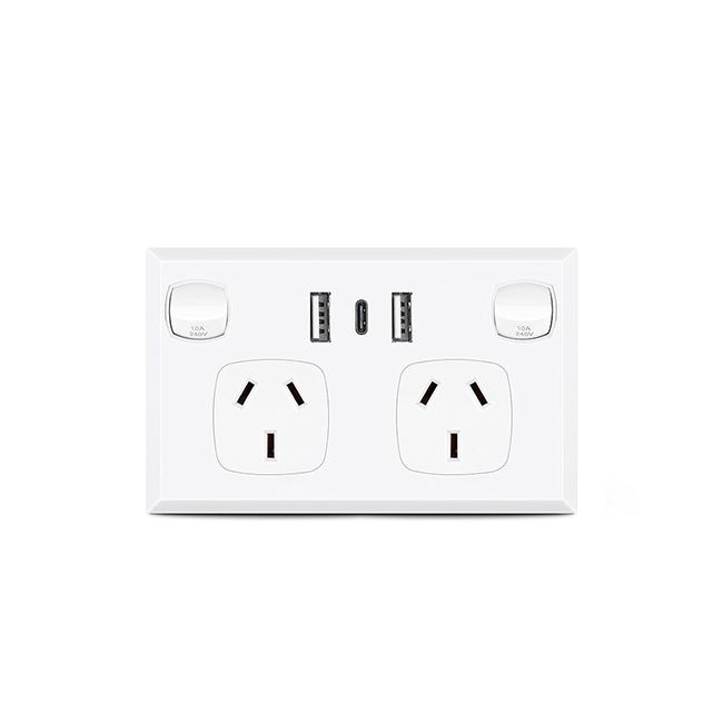 CLSOL Switched Double Power Point SAA White W/ 3.6A USB C&A HES-SP-9622A3