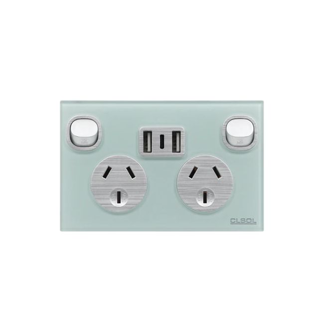 CLSOL Double Power Point Glass Panel Blue W/3.6A USB A&C HES-SP-9622G8BU