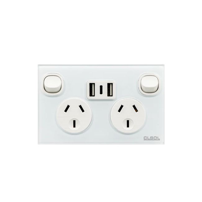 CLSOL Double Power Point Glass Panel White W/3.6A USB A&C HES-SP-9622G8WH