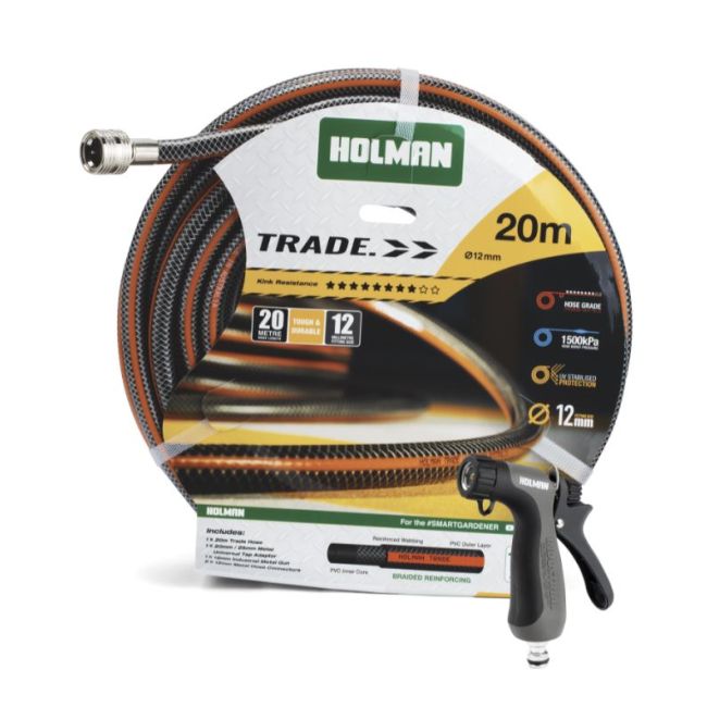 Holman 20M x 12MM Garden Hose with Metal Fittings & Gun GHT1220FG