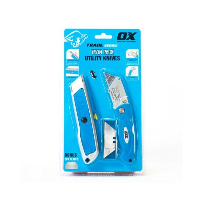 OX OX-T432602 Utility Knife Twin Pack Retractable & Folding Inc 5 Blades OX-T432602