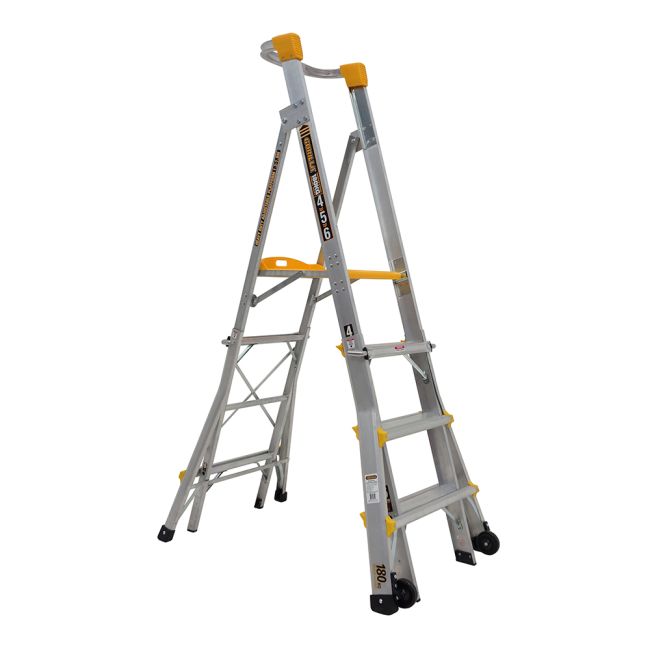 Gorilla Adjustable height platform ladder 1.5-1.8-2.1-2.4m (5-6-7-8ft) Aluminium Heavy Duty 180kg Industrial PL0406-HD