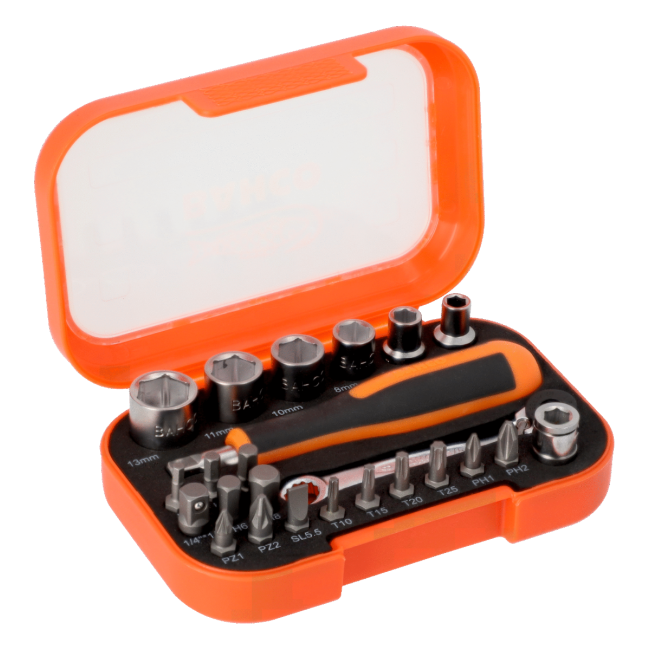 Bahco 24PC 1/4" Pocket Metric Socket & Bit Set W/Mini Ratchet & Spinner Handle SBS24MC11H
