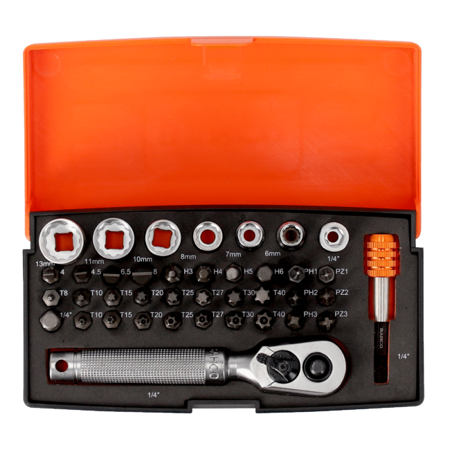 Bahco 39PC 1/4" Square Drive Socket Set W/Metric Bi-hex Profile & Screwdriver Bits/Bit Holder SBS39MH