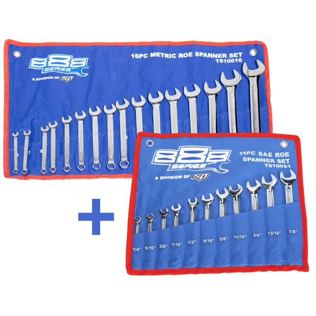 888 Tools 16pc Metric Combination ROE Spanner Set W/11pc SAE Spanner Set T810016B