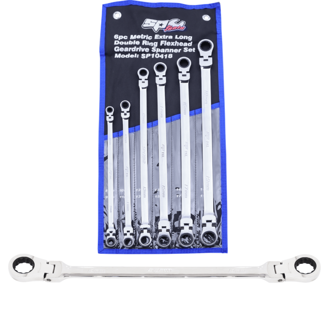 SP Tools 6PC Metric Flex Head Double Gear Drive Ring Spanner Set SP10418