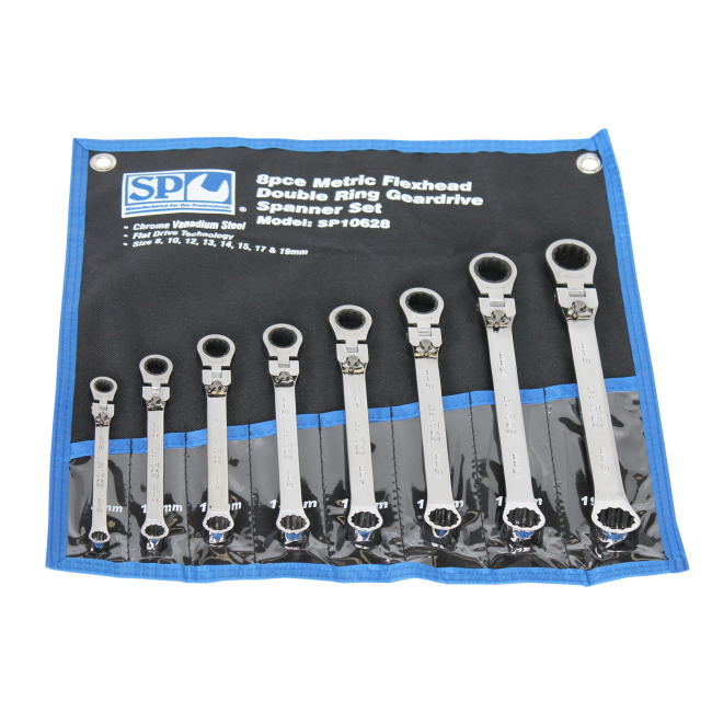 SP Tools Set Spanner Double Ring Geardrive Locking Flex Head 8Pc Metric SP10628