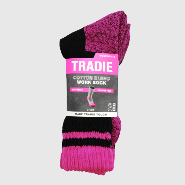 Tradie 3PC Ladies Cotton Blend Work Sock Black & Pink SWT3101SJ