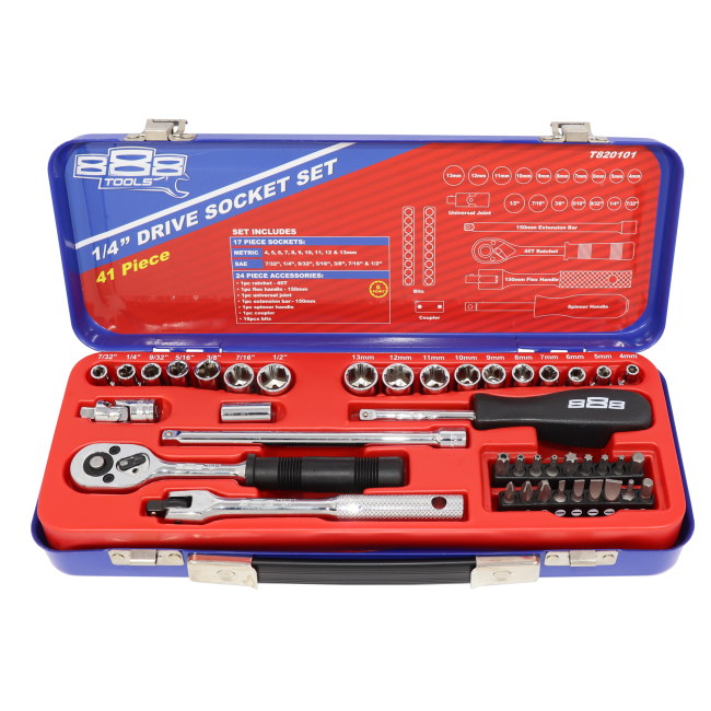 888 Tools SOCKET SET 1/4" DR 6PT METRIC/SAE 41PC T820101