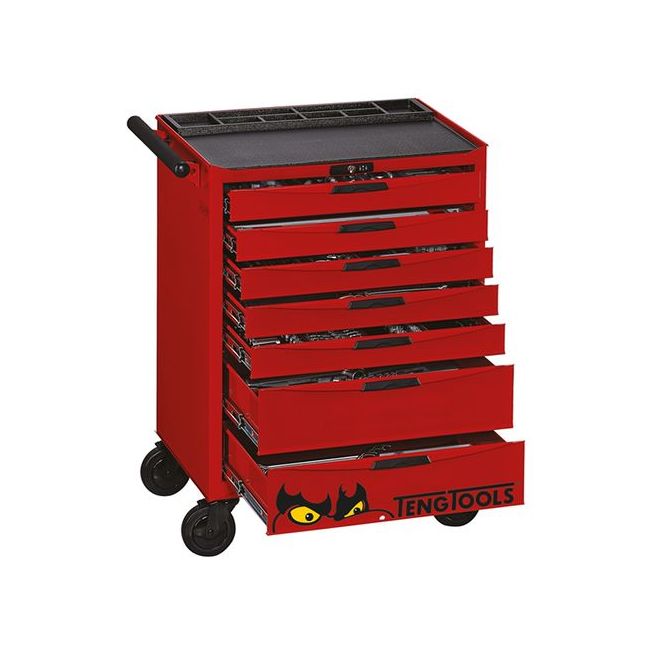 Teng 491PC 26" 7 Drawer Roll Cabinet Metric Mechanic's Tool Kit W/PS Trays Red TE-TCMM491N