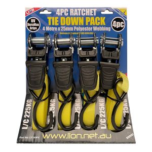 LION LY149P4 Ratchet Tiedown Straps 4 Piece 4m x 25mm 225kg LY149P4