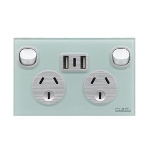 CLSOL Double Power Point Glass Panel Blue W/3.6A USB A&C HES-SP-9622G8BU