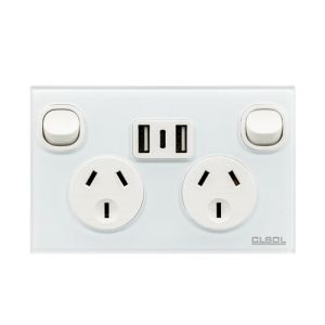 CLSOL Double Power Point Glass Panel White W/3.6A USB A&C HES-SP-9622G8WH
