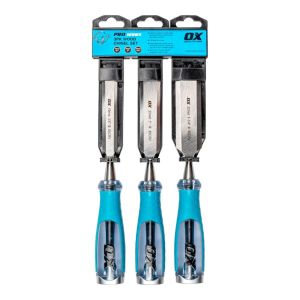 OX Tools Pro 3PC Wood Chisel Set - Steel Through Tang & Metal Striking Cap OX-P370903